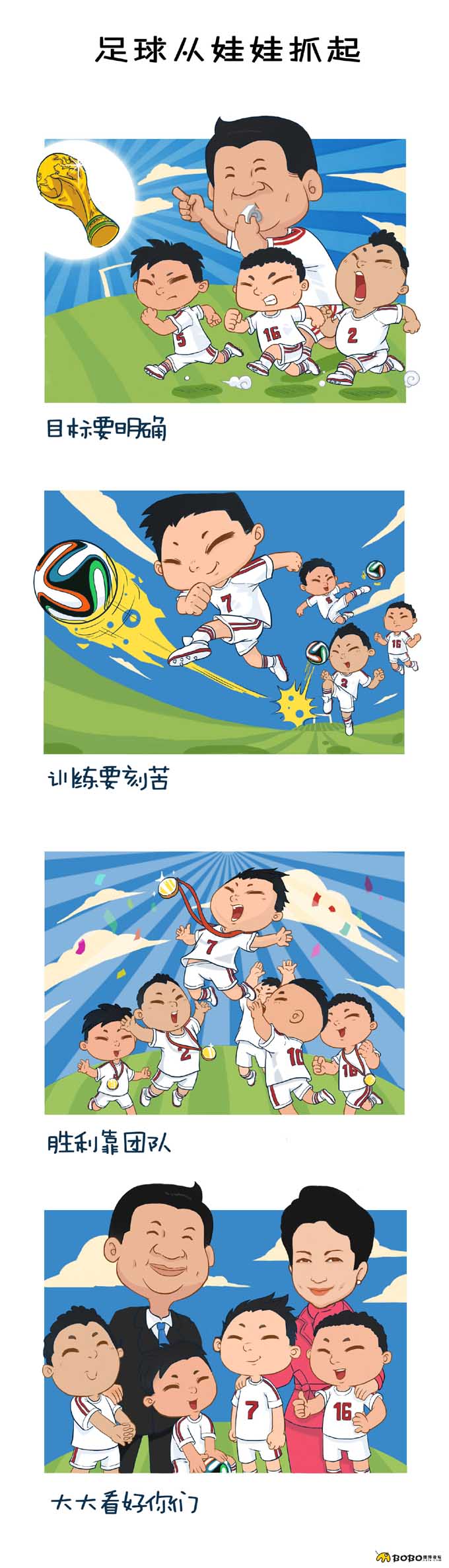 日前有網(wǎng)友發(fā)布原創(chuàng)漫畫，描述大大與足球之間有趣的事情。漫畫從大大愛足球，治理足球亂象，足球從娃娃抓起和大大的足球夢四個方面，以其生動的萌系畫風(fēng)贏得網(wǎng)友紛紛點(diǎn)贊。讓我們也來感受這萌系漫畫中大大與足球之間的情誼吧。來源：中國日報網(wǎng)