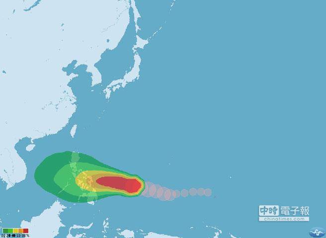 哈格比臺(tái)風(fēng)七級(jí)風(fēng)暴風(fēng)圈侵襲機(jī)率圖。(取自臺(tái)灣“氣象局”)